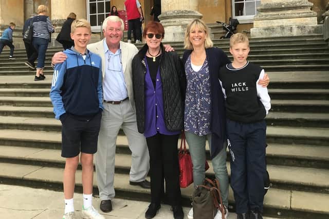 Stewart with his wife Lucy and their two sons outside Blenheim Palace with Celia Sandys, Winston Churchill’s granddaughter (centre)