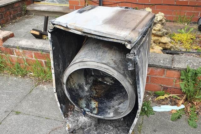 The tumble dryer which caught fire at the home in Leyland Lane this morning (Monday, June 7)