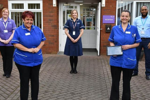 Preston Private Nursing Home Unit Leads Jackie Barnfather and Kirsty Topping (front) with (from left) Lancashire Teaching Hospitals NHS Foundation Trust Chief Allied Health Professional Claire Granato with Clinical Nurse Assessor Louisa Bardsley and Business and project manager Brian Anyasodor from Tameside and Glossop Integrated Care NHS Foundation Trust.