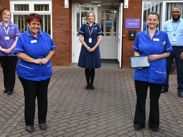 Preston Private Nursing Home Unit Leads Jackie Barnfather and Kirsty Topping (front) with (from left) Lancashire Teaching Hospitals NHS Foundation Trust Chief Allied Health Professional Claire Granato with Clinical Nurse Assessor Louisa Bardsley and Business and project manager Brian Anyasodor from Tameside and Glossop Integrated Care NHS Foundation Trust.