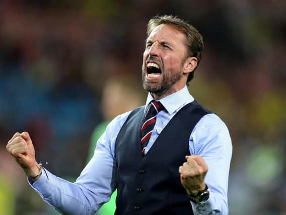 Gareth Southgate celebrating winning the FIFA World Cup 2018 round of 16 match against Colombia (Owen Humphreys PA Wire)