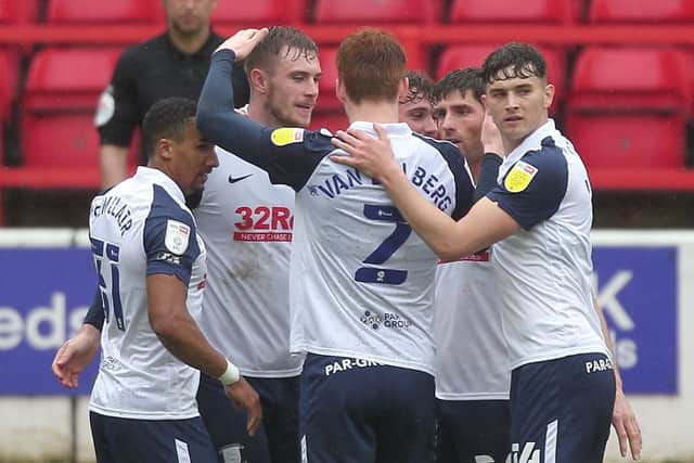 Preston North End’s Liam Lindsay (second from left) celebrates scoring against Nottingham Forest