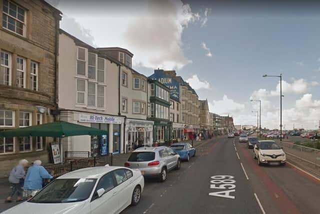 Police closed Marine Road Central in Morecambe after the crash which injured two pedestrians on the seafront at around 12.50pm. Pic: Google