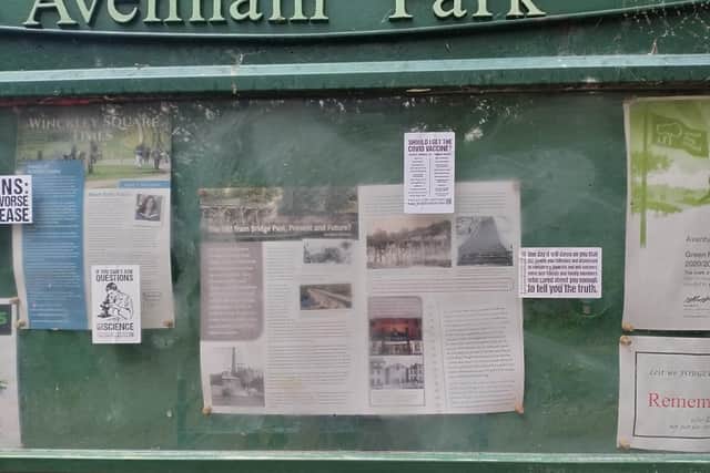 'Anti-vax' stickers were stuck to the notice boards at the park