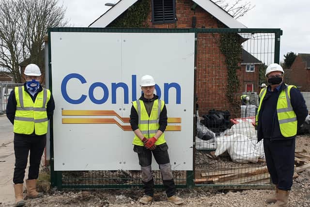 Conlon has started work on a £1.6m respite centre . Pictured left to right are Neil Conlon, Bradley Thompson of Blackpool and and project manager, Paul Dixon