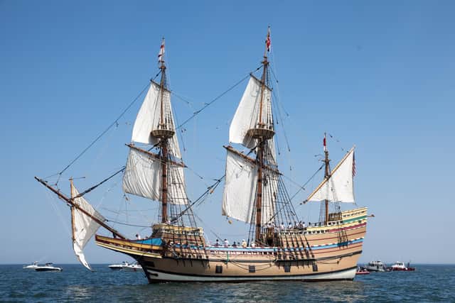 A replica of the Mayflower sails into Plymouth
