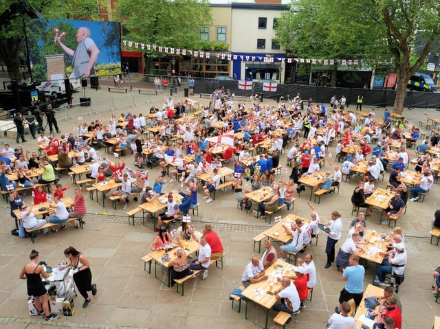 A packed flag market for the England match in Preston