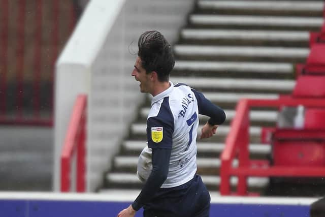 Tom Bayliss celebrates scoring for Preston North End against Nottingham Forest at the City Ground in May