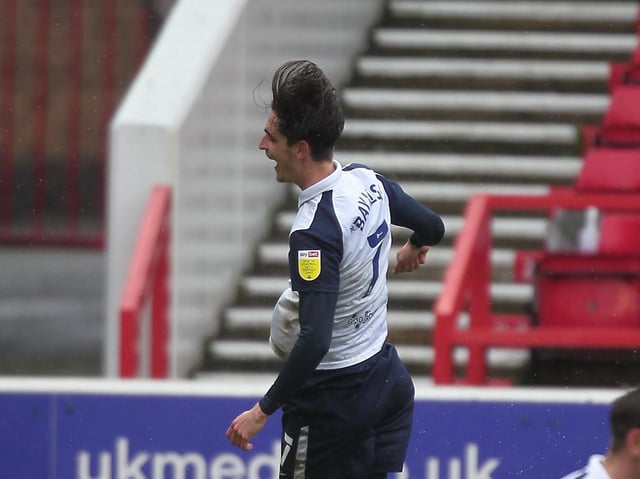Tom Bayliss celebrates scoring for Preston North End against Nottingham Forest at the City Ground in May