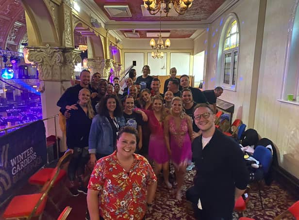Cast and crew of Strictly NHS at Blackpool Empress Ballroom are cheered on by former Strictly pro Kevin Clifton and former celebrity partner comedian Susan Calman