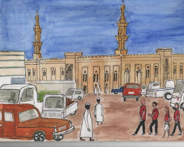This painting by Geoff Holmes marked the walkers' "arrival" in Khartoum in Sudan.