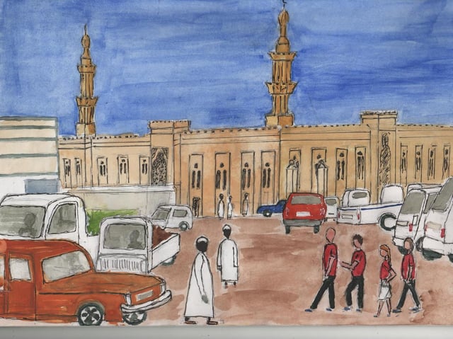 This painting by Geoff Holmes marked the walkers' "arrival" in Khartoum in Sudan.