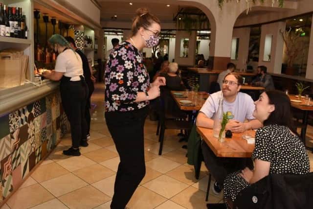 Customers enjoy indoor dining on May 17 at Fino Tapas, Preston