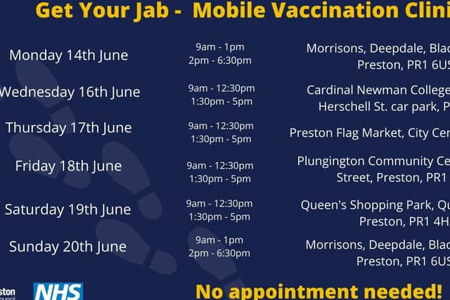 The locations and times of the mobile vaccine clinic in Preston this week