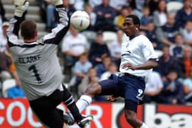 Ricardo Fuller scores on his Preston North End debut against Crystal Palace at Deepdale in August 2002