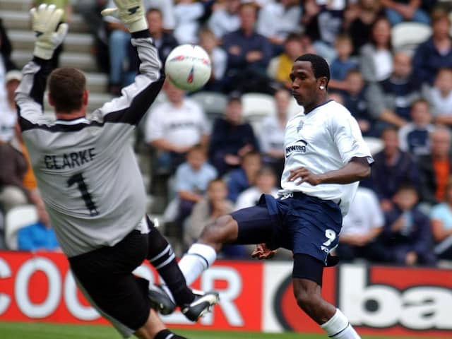 Ricardo Fuller scores on his Preston North End debut against Crystal Palace at Deepdale in August 2002