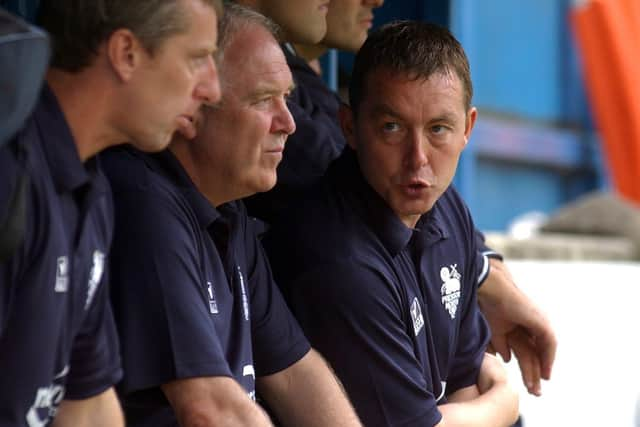 PNE manager Craig Brown (centre) with Kelham O'Hanlon and Billy Davies