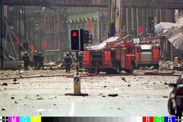 Rubble strewn across the streets in Manchester’s City Centre following the 1996 IRA bomb blast