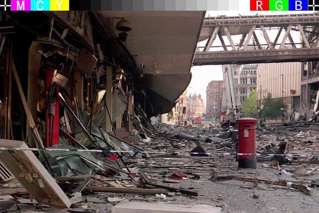 Aftermath of the 1996 IRA bomb outside the Arndale Centre, in Manchester