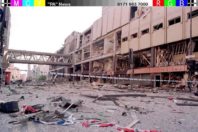 Scene of devastation after the 1996 IRA bomb attack on Manchester