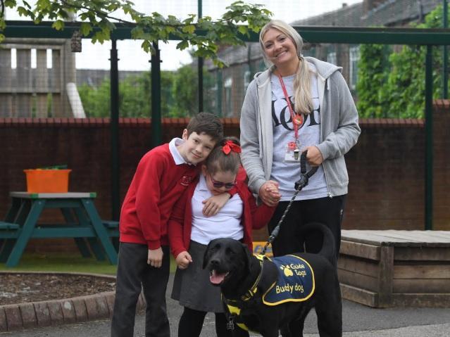 Macy Heald (centre), her brother Milo, Pablo, and SENCO Lynsey Todhunter