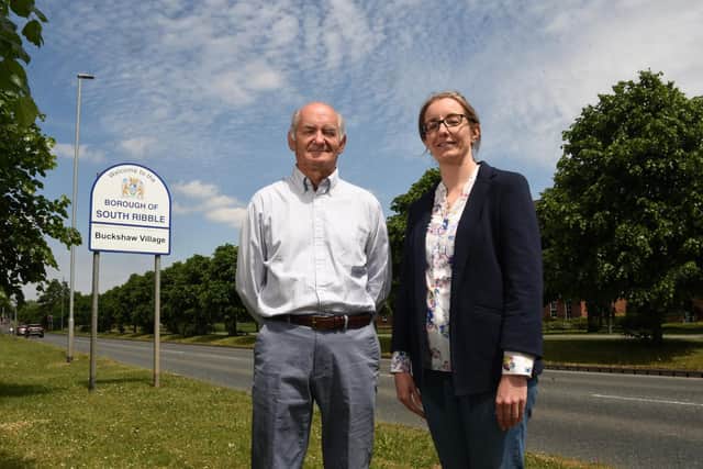 Buckshaw and Worden ward councillors Alan Ogilvie and Caroline Moon at the entrance to the South Ribble section of Buckshaw Village (image: Neil Cross)