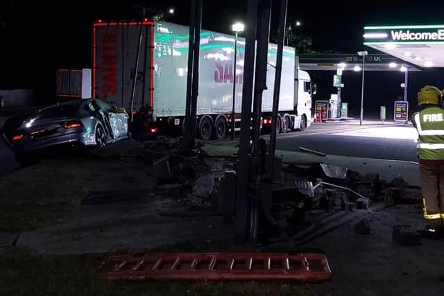The crash happened at around 1am this morning (Friday, June 18) when a car ploughed into the fuel station at Charnock Richard Services, between southbound junctions 27 and 28, near Chorley