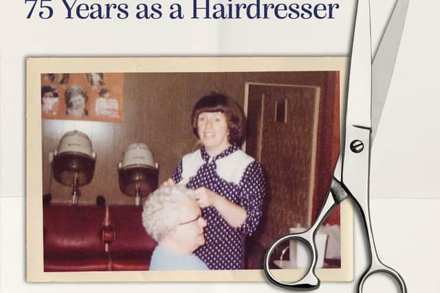 Part of the cover of Shampoo and Set: 75 years as a hairdresser. The cover shows Margaret styling hair in 1975.