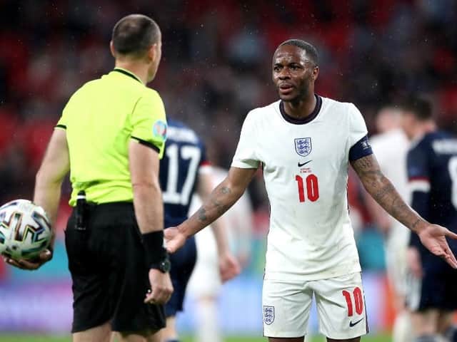Raheem Sterling protests to the referee during the England v Scotland Euros clash at Wembley