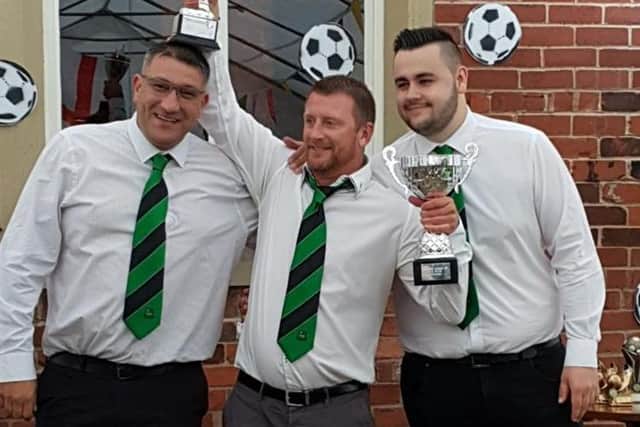 Arthur spent the past eight years coaching Ribbleton F.C. with his friends Darren Ghouse (left) and David Cross (right), helping lead the young side to three consecutive promotions in the Central Lancashire Junior Football League. Pic: Ribbleton FC