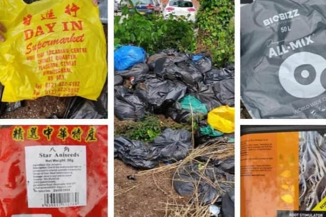 Chinese food packets were also found inside the ripped-open bags, as well as plastic shopping bags from a supermarket in Birmingham and fertiliser imported from the Netherlands