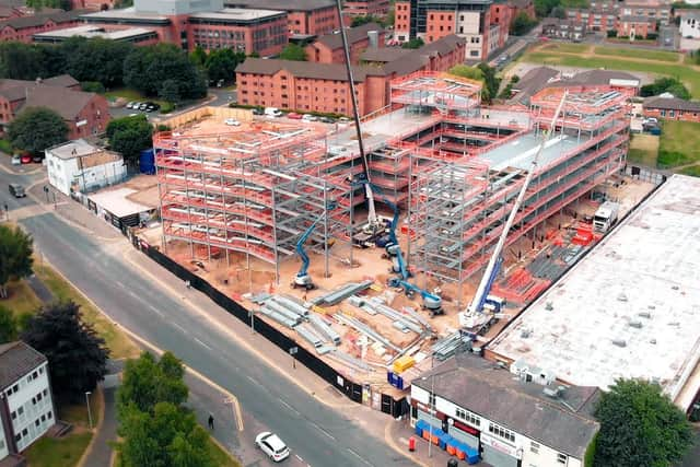 The steelwork for Urban Hub Preston on Moor Lane