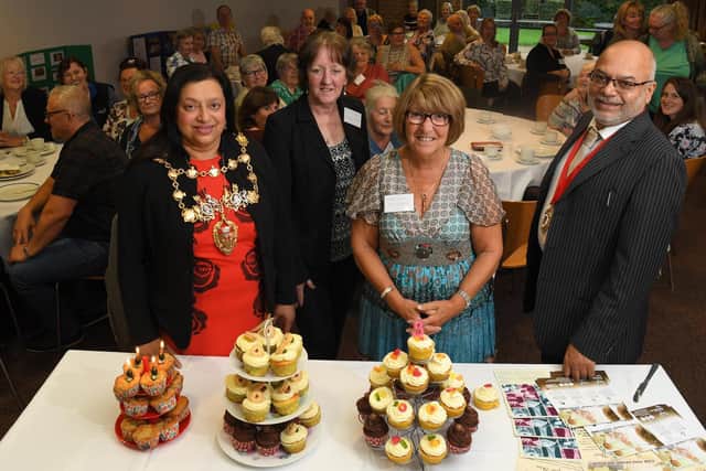 Marjorie Hayward and Susan Forshaw of Friends for You, celebrate its 3rd birthday in 2019 with the then Mayor of Chorley and her Consort, Coun Hasina Khan and Zafar Khan