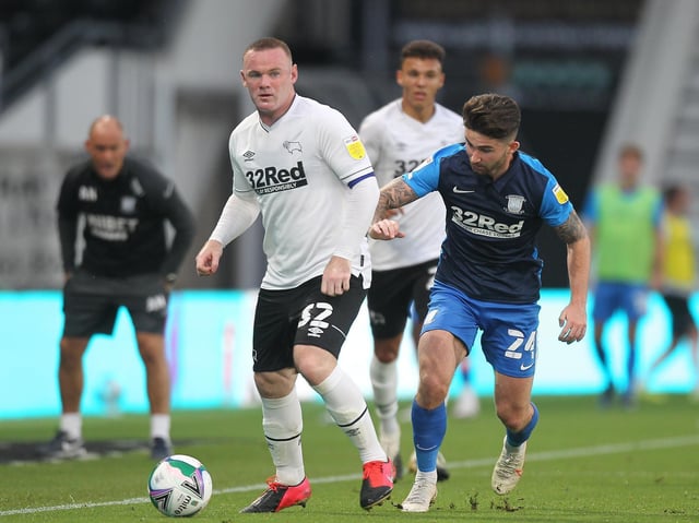 Preston North End striker Sean Maguire tracks Wayne Rooney in PNE's Carabao Cup win at Pride Park last season