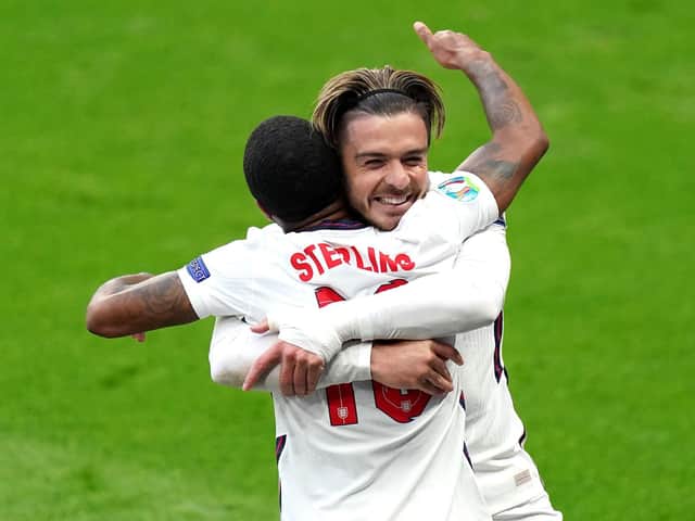 England's Jack Grealish (right) celebrating with team-mate Raheem Sterling (Mike Egerton PA Wire)