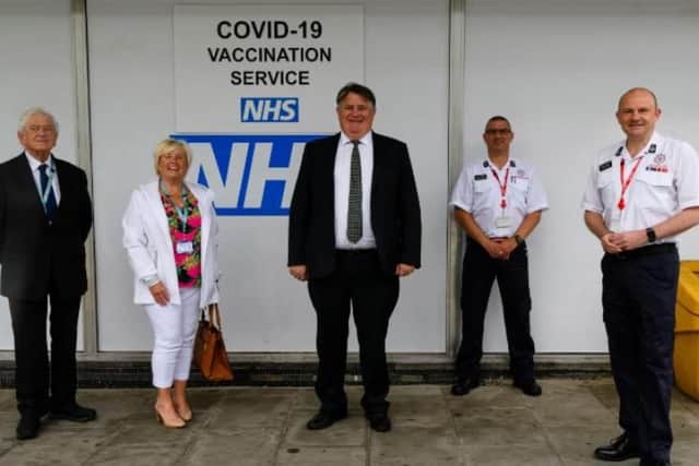 Pictured (l to r): County Councillors David O'Toole and Nikki Henderson, Lord Greenhalgh, Station Manager Mark Warwick and Chief Fire Officer Justin Johnston.