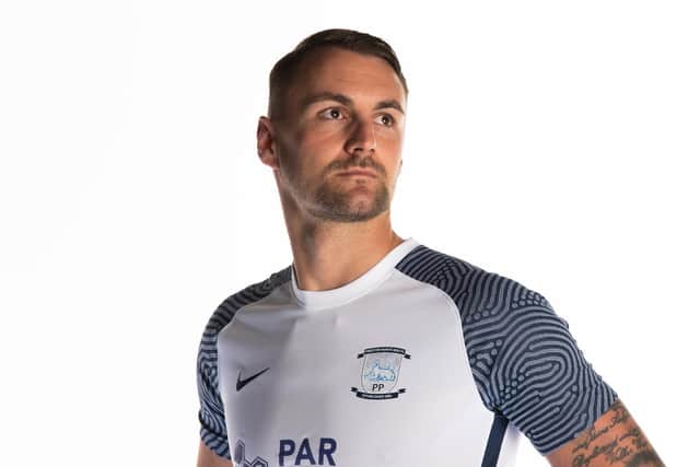 Patrick Bauer models Preston North End's new home shirt     Picture courtesy of PNE