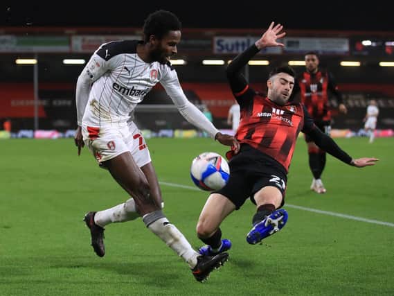 Matthew Olosunde, left, in action for Rotherham against Bournemouth last season