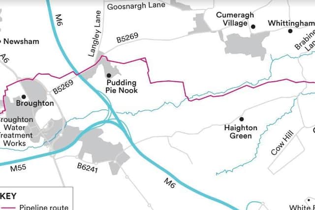 Map showing pipeline route (in purple) across from Longridge to Broughton.