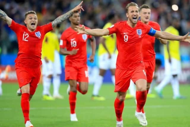 England players celebrate winning their last penalty shoot-out against Colombia in the 2018 World Cup.