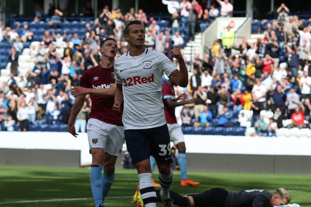 Billy Bodin scores for Preston North End against West Ham at Deepdale in July 2018