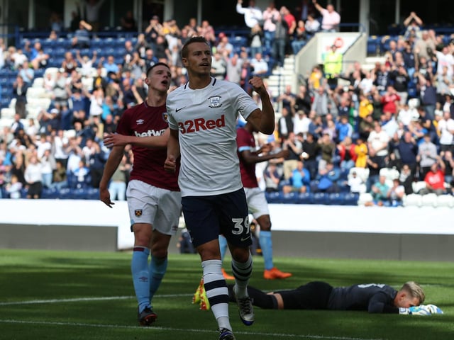 Billy Bodin scores for Preston North End against West Ham at Deepdale in July 2018
