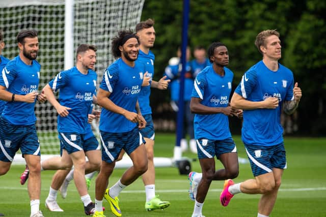 Izzy Brown joins his Preston North End team-mates in a run at the Euxton training ground       Photo courtesy of PNE