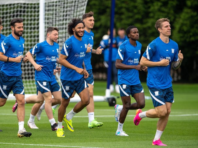 Izzy Brown joins his Preston North End team-mates in a run at the Euxton training ground Photo courtesy of PNE