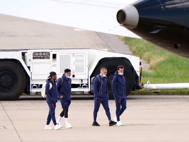 England's (from left) Raheem Sterling, Jadon Sancho, Luke Shaw and Ben Chilwell at Birmingham Airport before flying out to Rome