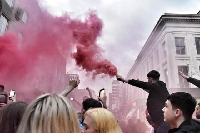 England fans let off flares after their team's emphatic win over Ukraine tonight (Picture: Julian Brown for the Lancashire Post)