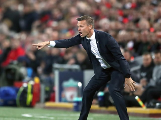 Jesse Marsch on the touchline at Anfield during his time as Red Bull Salzburg head coach