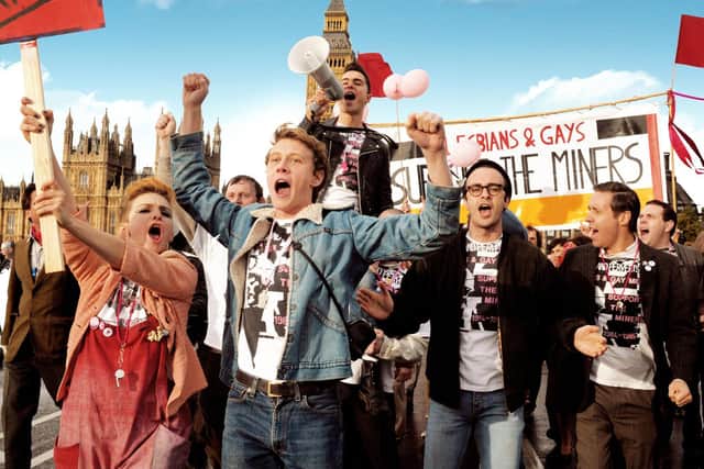 Joe Gilgun, third from left, in the cast of PRIDE, a  film about the unlikely collaboration between striking Yorkshire miners and an LGBT group in the
1980s