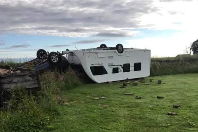 This stolen caravan was found overturned on the A628 in Ashton-under-Lyne, Greater Manchester, after a thief crashed whilst towing it away on Sunday, July 4