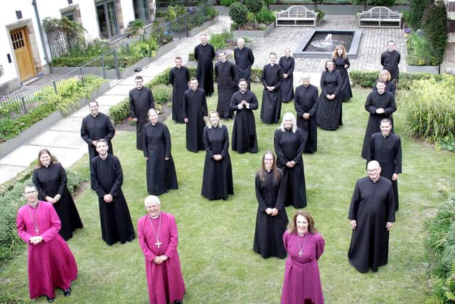 Pictured in the Cathedral Court at Blackburn Cathedral are the 2021 cohort of 24 ordinands serving The Church of England in Lancashire with (front left to right) Rt Rev Philip North, Bishop of Burnley; Rt Rev. Julian Henderson, Bishop of Blackburn and Rt Rev. Dr Jill Duff, Bishop of Lancaster
Photo: Sara Cuff for Blackburn Diocese